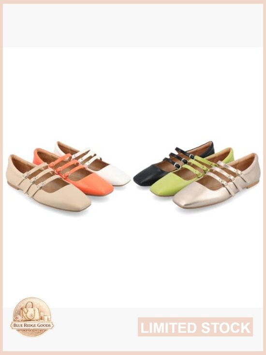 Women Mary Jane Square Toe Flats with Multi-Strap Buckle Closure Faux Leather
